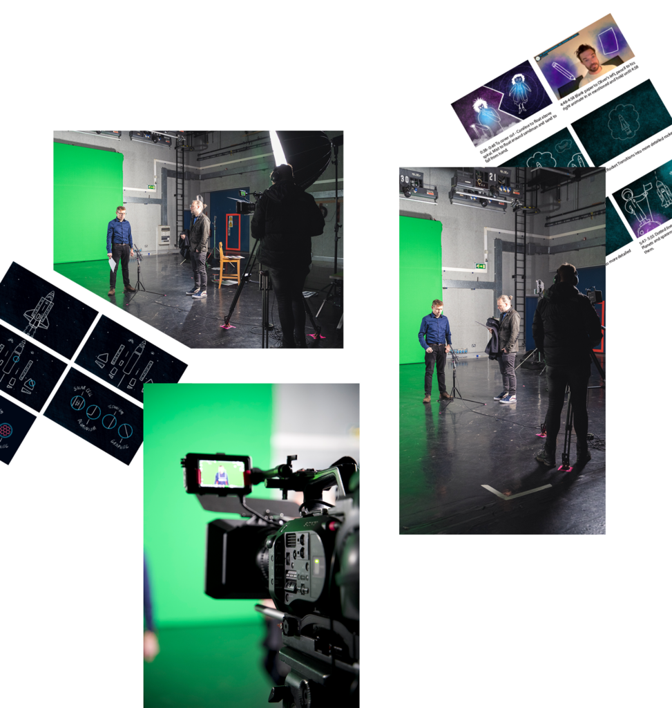 Behind the scenes photos of filming on a green screen